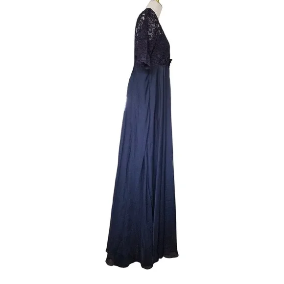Teri Jon by Rickie Freeman Navy Lace Bodice Chiffon Maxi Gown 3/4 Sleeve  NWT...